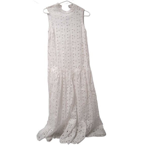 TOPSHOP Womens Broderie Midi Smock Dress 4 White Eyelet Lace Sleeveless Ruffle - Picture 2 of 7